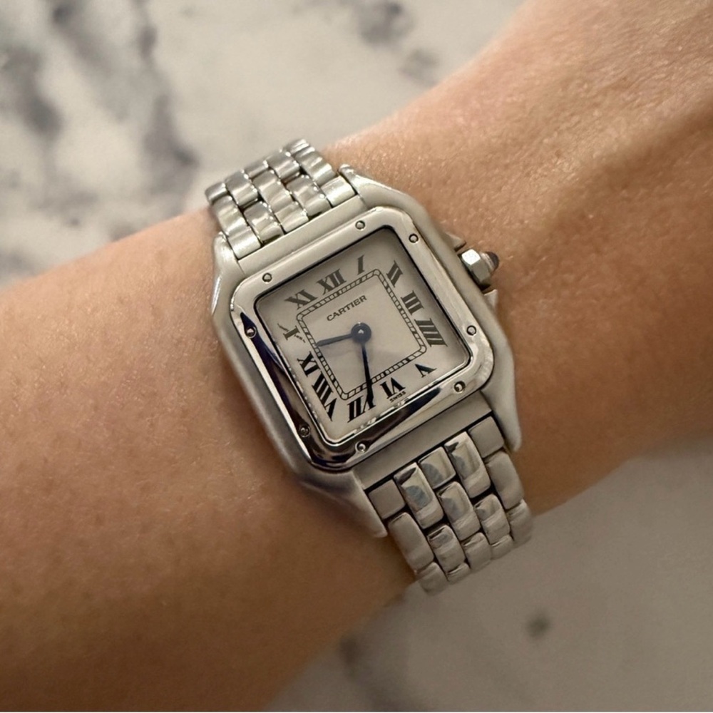 Cartier Silver Watch with White Dial and Blue Hands